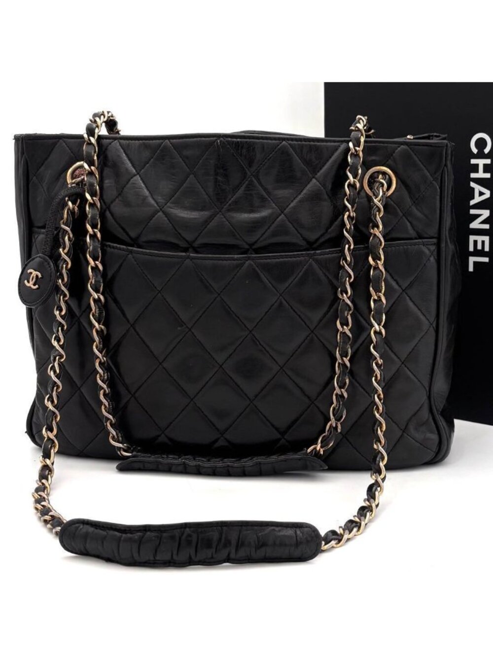 Chanel Quilted Tote Bag Chain Lambskin Black